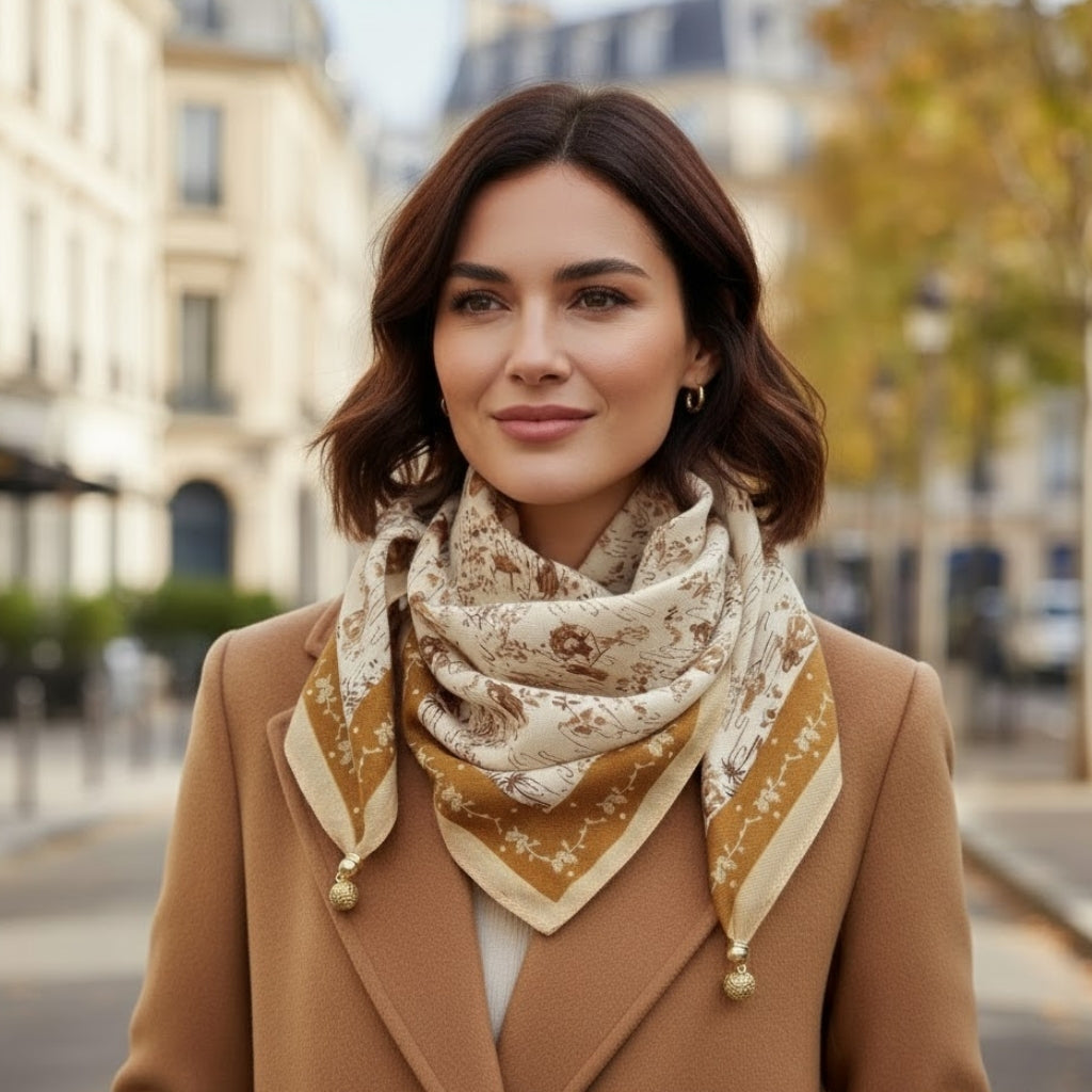 Chèche Foulard Breloques portée autour du cou - Beige et Moutarde - Orange et Beige - Vert Foncé et Blanc - Rose Pâle et Corail - Crème et Vert Olive - Beige et Noir - Orange Pied de Poule - Violet à Pois - Bleu à Pois - Beige et Blanc - Noir et Blanc - Blanc et Bleu - Marron Fleuri - Rose et Orange