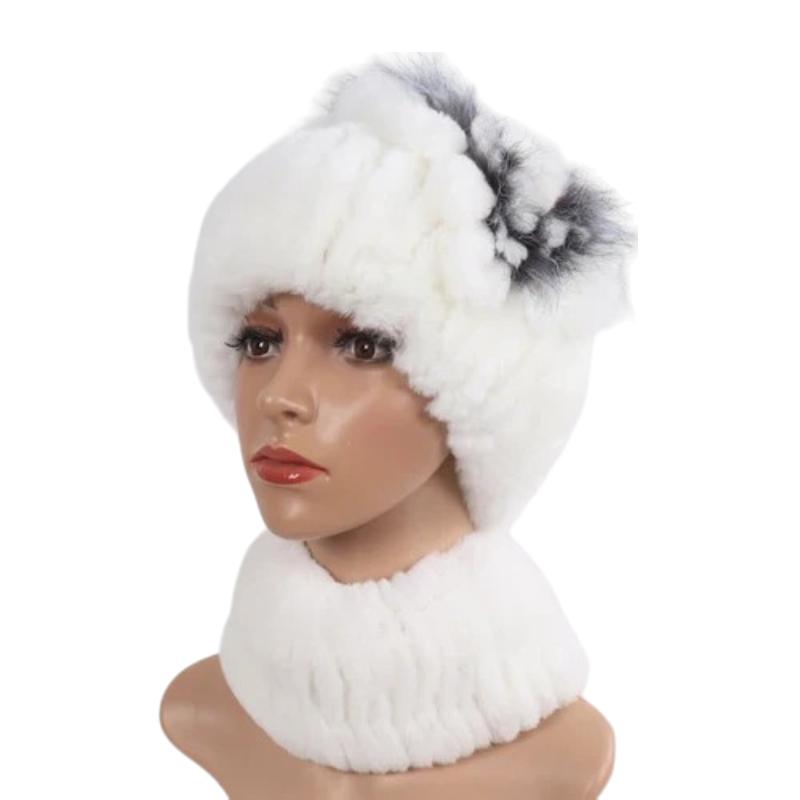 Bonnet Et Echarpe Fourrure Blanc et Gris 