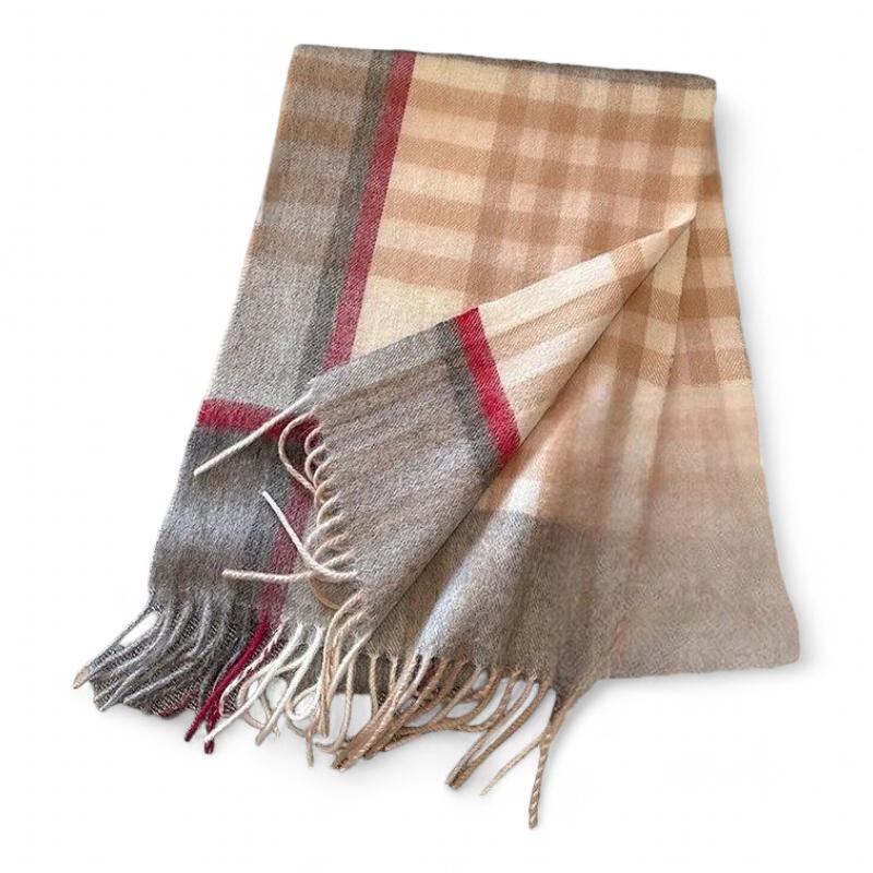 Echarpe en Laine à Franges Beige et Rouge 188*32cm