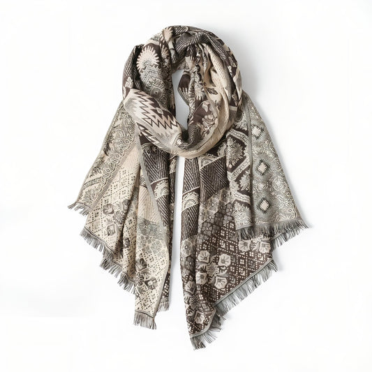 Chèche Motifs Ethniques Bleu Noir - Beige et Marron - 65*180cm