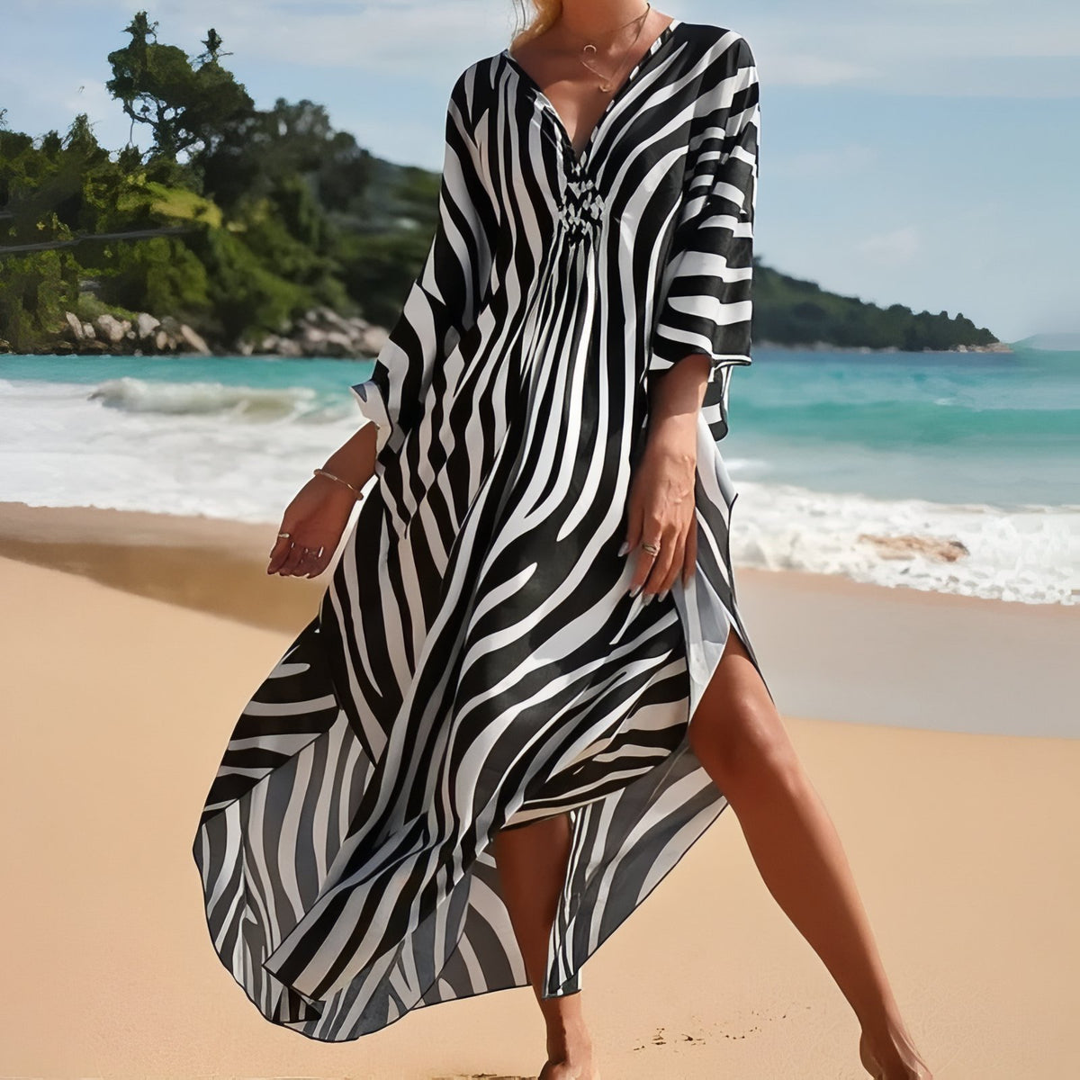 Grande Robe de Plage Colorée à Col V - Graphique - Unique