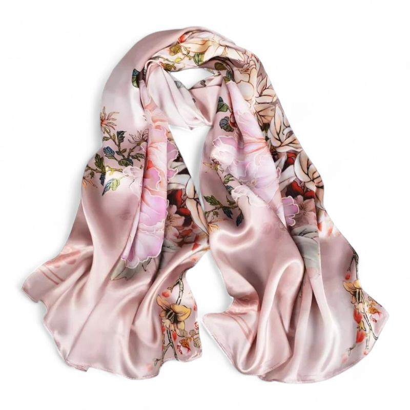 Echarpe Foulard en Soie Femme Rose Pâle et Vert Feuillage 175*52cm