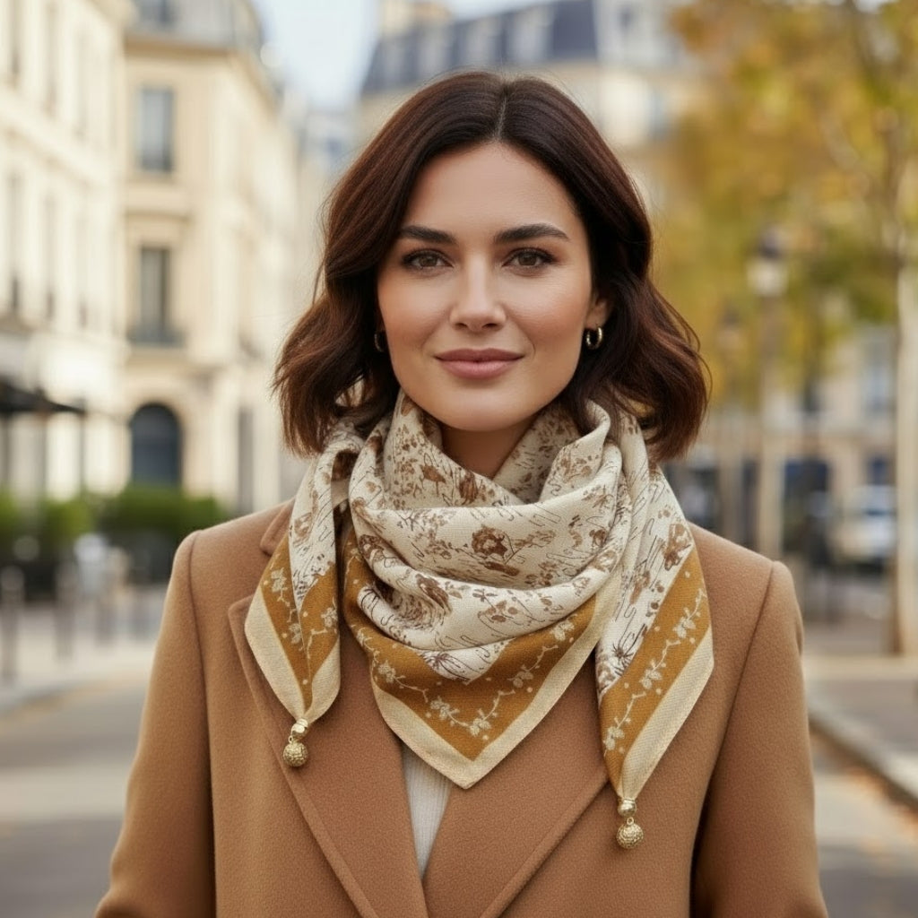 Chèche Foulard Breloques portée autour du cou - Beige et Moutarde - Orange et Beige - Vert Foncé et Blanc - Rose Pâle et Corail - Crème et Vert Olive - Beige et Noir - Orange Pied de Poule - Violet à Pois - Bleu à Pois - Beige et Blanc - Noir et Blanc - Blanc et Bleu - Marron Fleuri - Rose et Orange