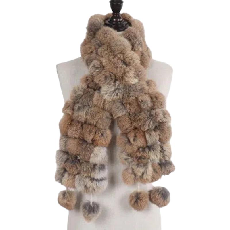 Echarpe Pompon Fourrure Beige et Brun Foncé 12*125cm