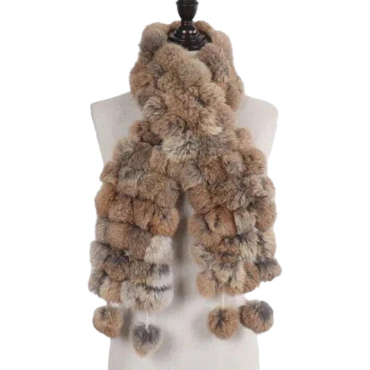 Echarpe Pompon Fourrure Beige et Brun Foncé 12*125cm