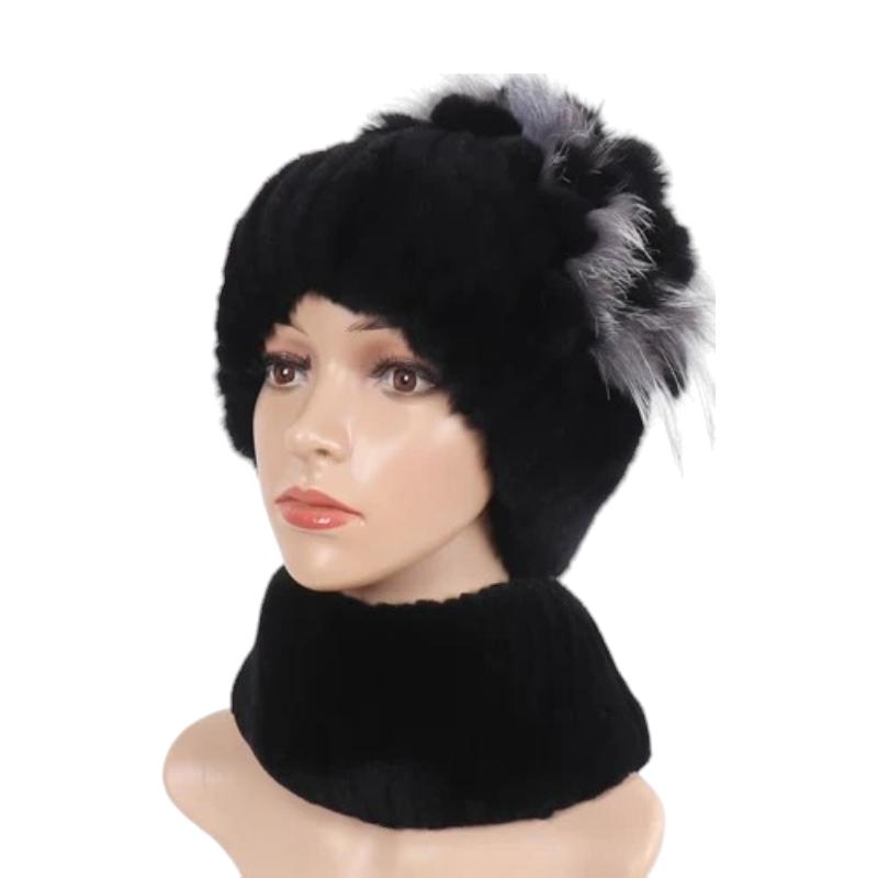 Bonnet Et Echarpe Fourrure Noir et Gris 