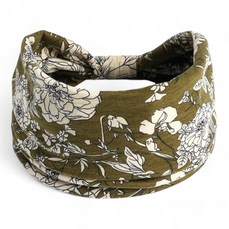Bandeau Croisé Cheveux Femme Vert Olive et Crème 