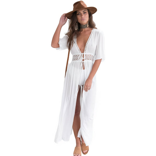 Paréo Kimono Long avec Ceinture en Dentelle - Blanc