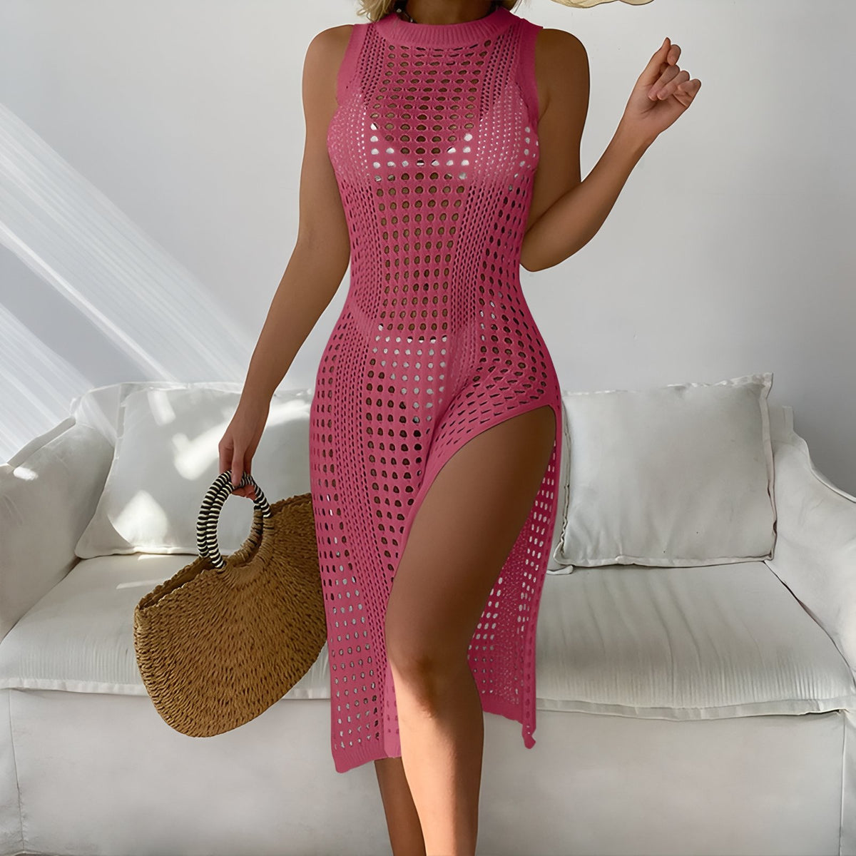 Robe de Plage Ajourée en Maille - Rose - Unique