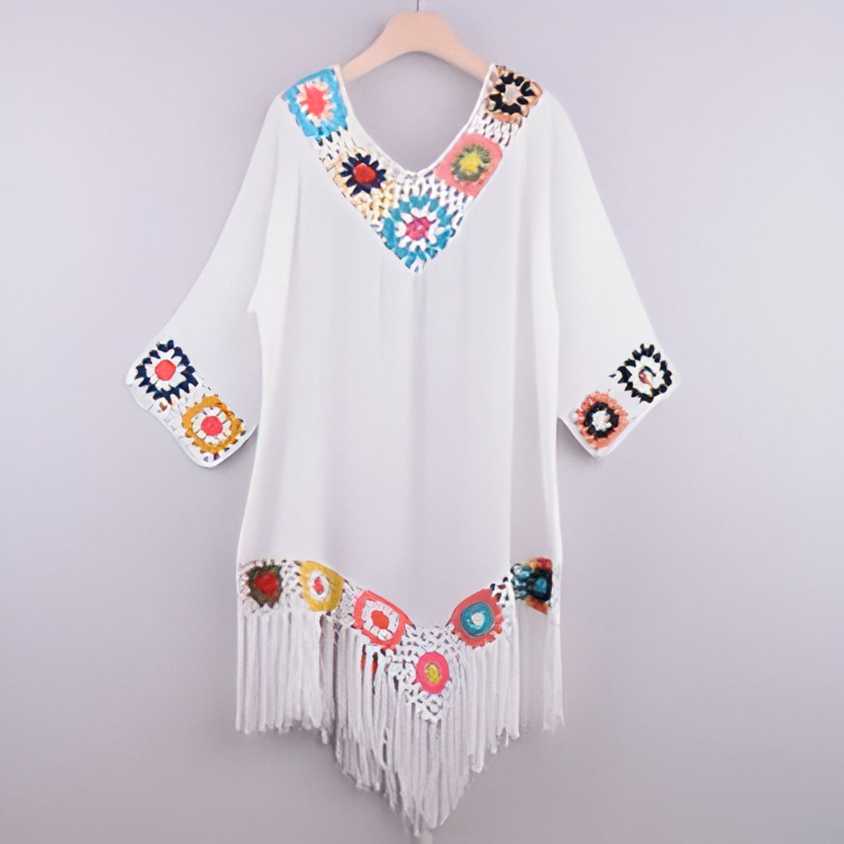 Robe Paréo Blanche à Franges détails broderies colorées - Blanc