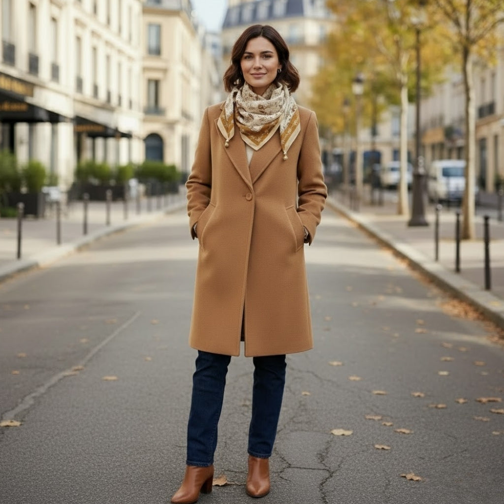 Chèche Foulard Breloques portée autour du cou - Beige et Moutarde - Orange et Beige - Vert Foncé et Blanc - Rose Pâle et Corail - Crème et Vert Olive - Beige et Noir - Orange Pied de Poule - Violet à Pois - Bleu à Pois - Beige et Blanc - Noir et Blanc - Blanc et Bleu - Marron Fleuri - Rose et Orange