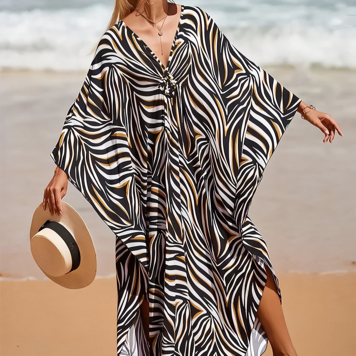 Grande Robe de Plage Colorée à Col V - Zébre - Unique