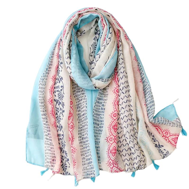 Foulard Chèche Femme Bleu Clair et Rose Foncé 180*90cm