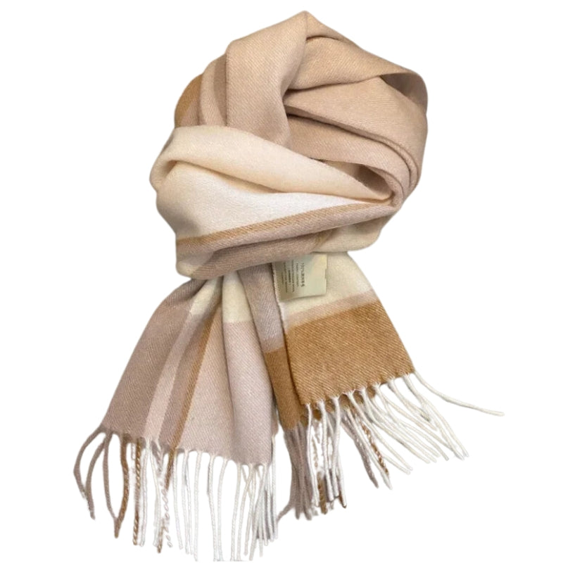 Echarpe en Laine à Carreaux Camel et Beige 180-32cm