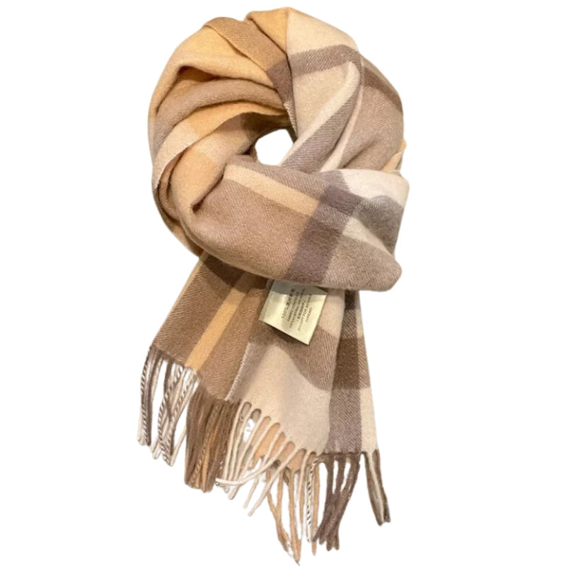 Echarpe en Laine à Carreaux Beige et Marron 180-32cm
