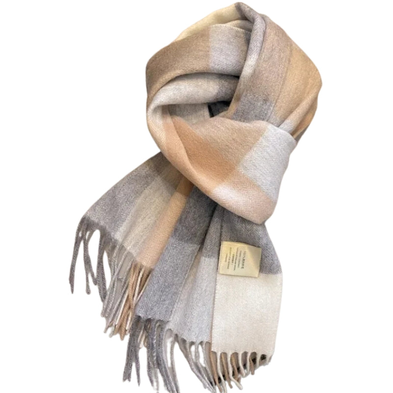 Echarpe Laine à Carreaux Femme Gris et Beige 180-32cm