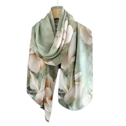 Foulard Soie Femme Luxe Vert Sauge et Blanc Crème 175*52cm