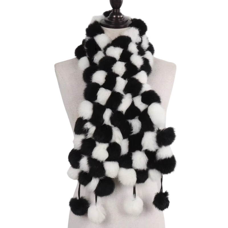 Echarpe Pompon Fourrure Noir et Blanc 12*125cm