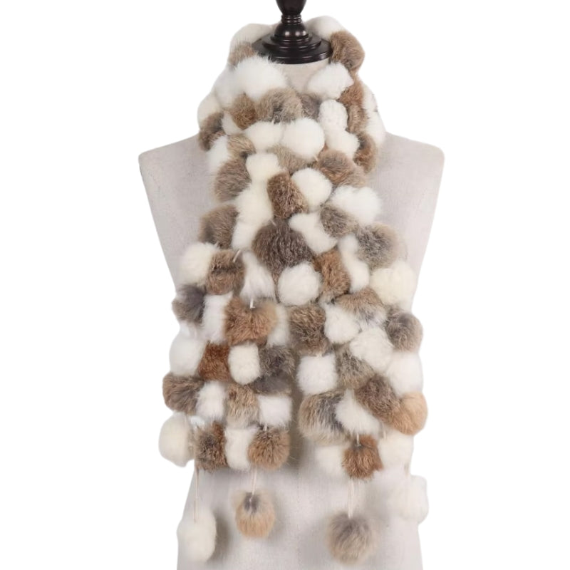 Echarpe Pompon Fourrure Beige Clair et Brun Clair 12*125cm