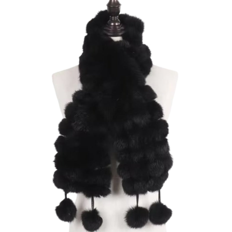 Echarpe Pompon Fourrure Noir Ébène 12*125cm