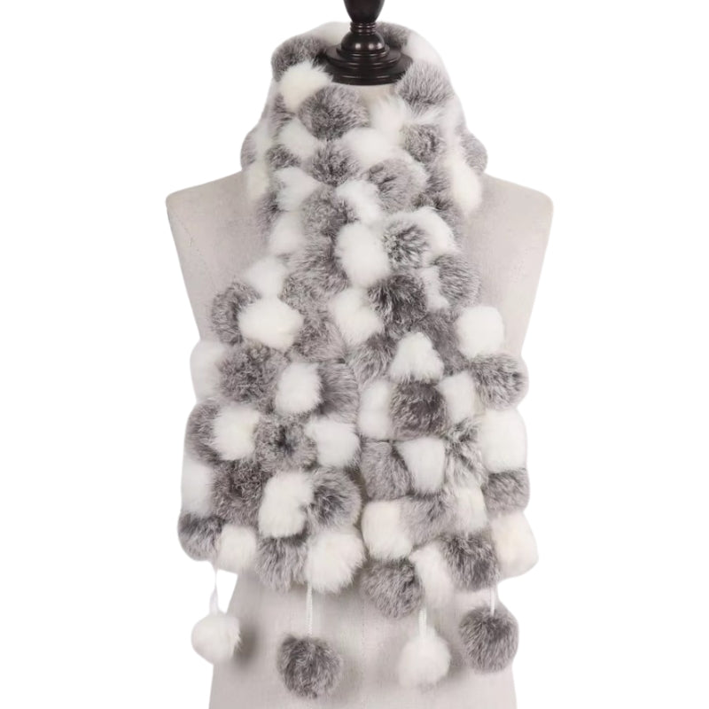 Echarpe Pompon Fourrure Gris Clair et Blanc 12*125cm