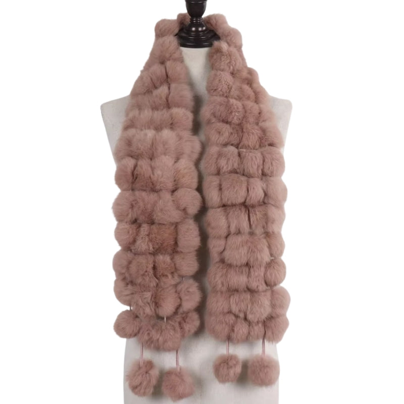 Echarpe Pompon Fourrure Rose Poudré 12*125cm