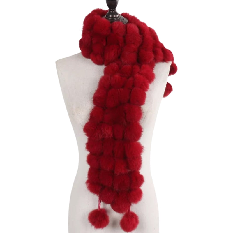 Echarpe Pompon Fourrure Rouge 12*125cm