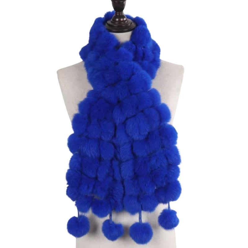 Echarpe Pompon Fourrure Bleu Électrique 12*125cm