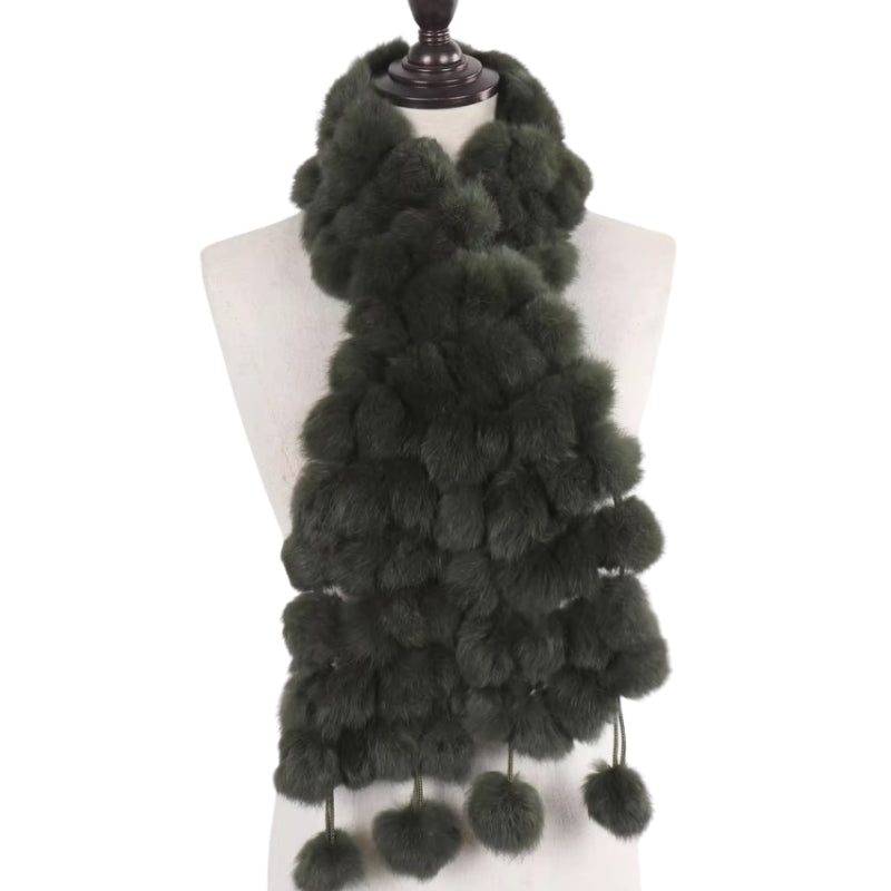 Echarpe Pompon Fourrure Vert Olive 12*125cm