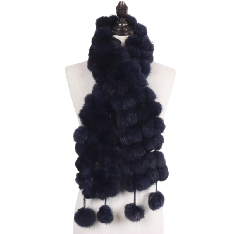 Echarpe Pompon Fourrure Bleu Marine 12*125cm