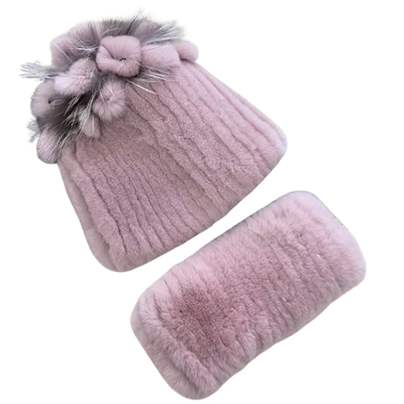 Bonnet Echarpe Fourrure Femme Rose Poudré 