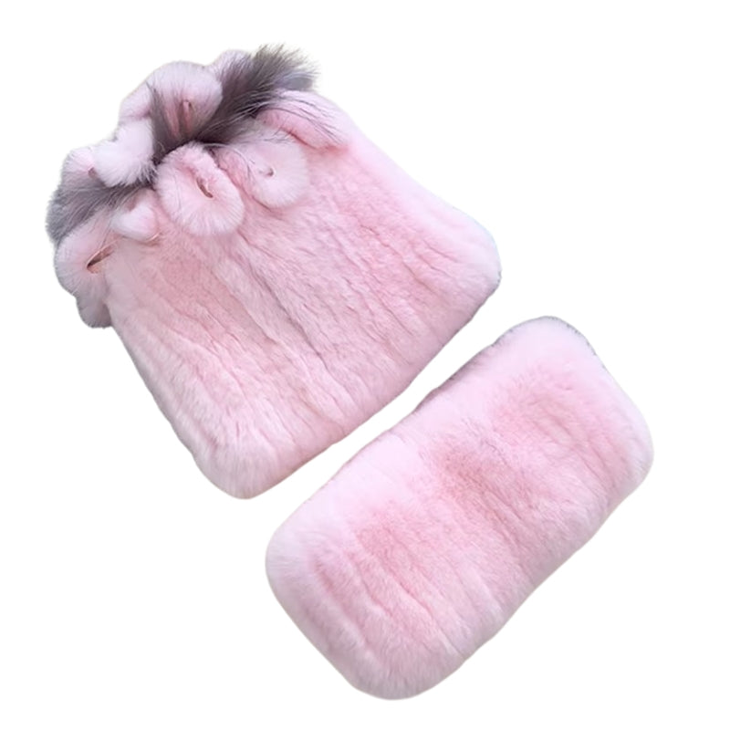 Bonnet Echarpe Fourrure Femme Rose Clair et Gris Foncé 