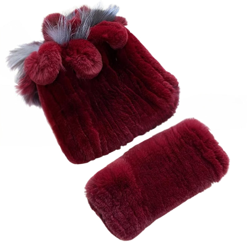 Bonnet Echarpe Fourrure Femme Bordeaux et Gris Foncé 
