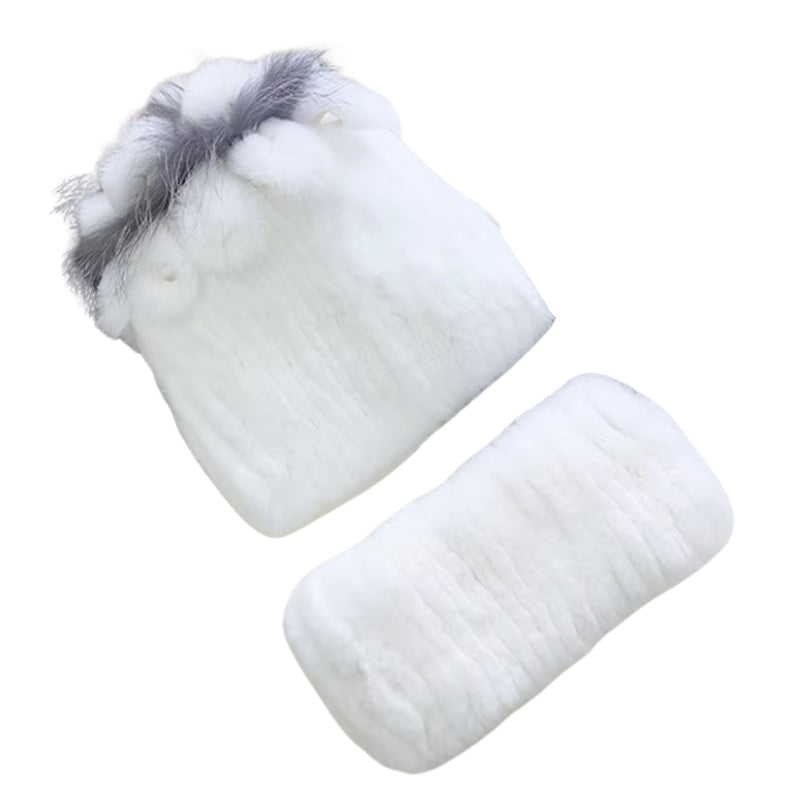 Bonnet Echarpe Fourrure Femme Blanc et Gris 
