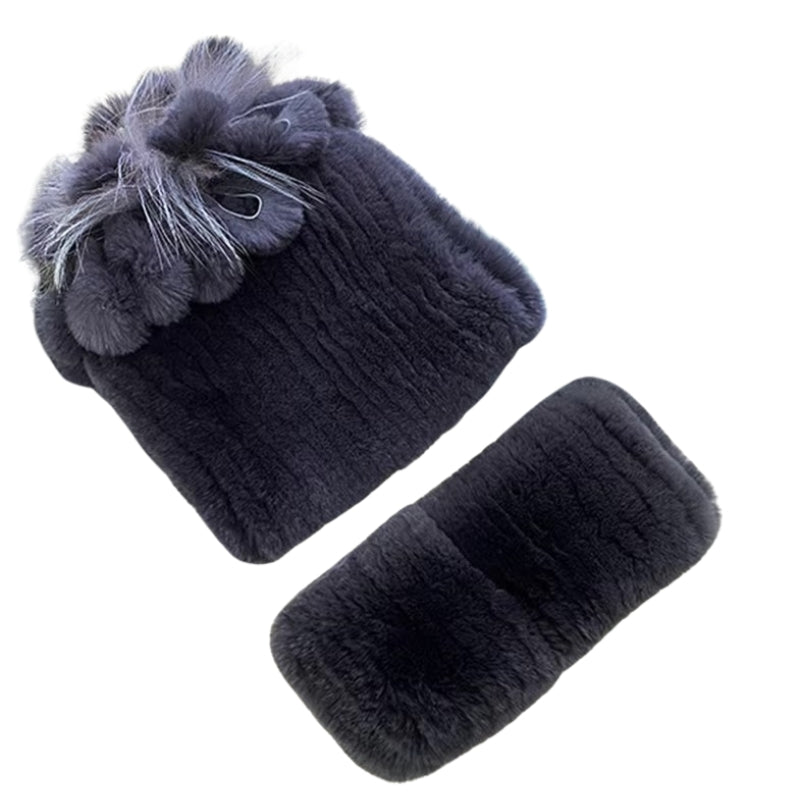 Bonnet Echarpe Fourrure Femme Noir Velouté 