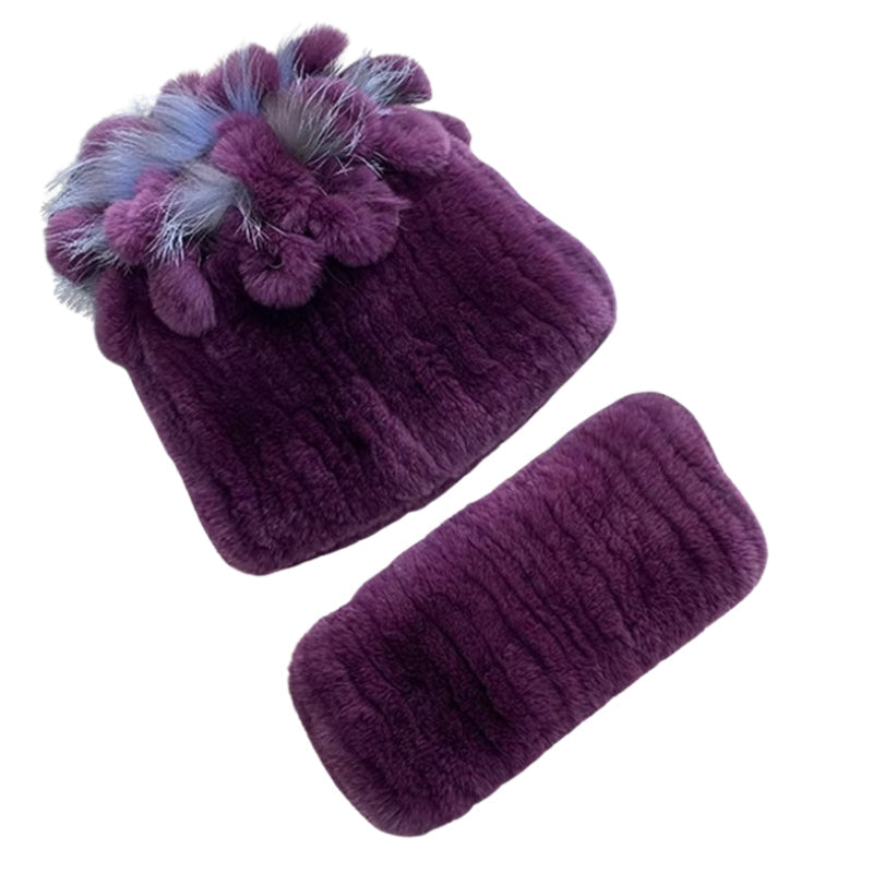 Bonnet Echarpe Fourrure Femme Violet Foncé et Bleu Ciel 