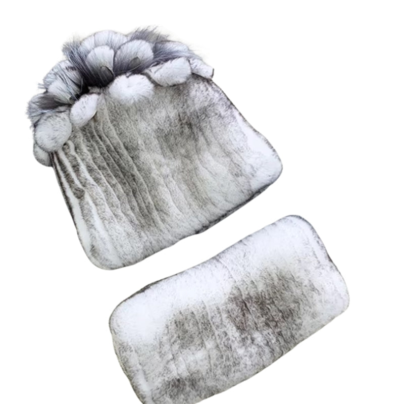 Bonnet Echarpe Fourrure Femme Gris Argenté et Blanc Crème 