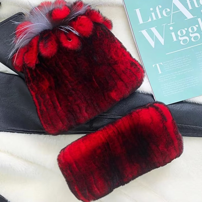 Bonnet Echarpe Fourrure Femme Rouge et Noir 