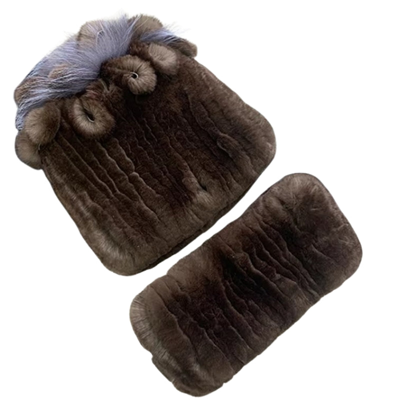 Bonnet Echarpe Fourrure Femme Marron Foncé et Gris Argenté 