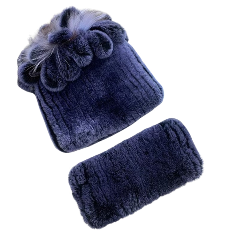 Bonnet Echarpe Fourrure Femme Bleu Nuit 