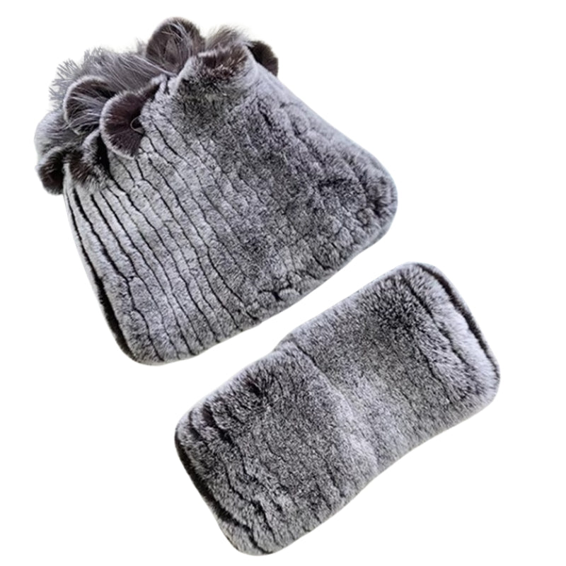 Bonnet Echarpe Fourrure Femme Gris Ardoise et Gris Sombre 