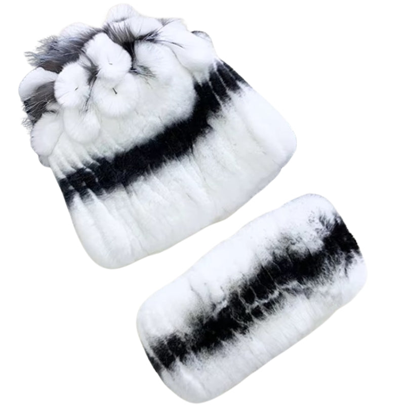 Bonnet Echarpe Fourrure Femme Blanc et Noir Rayé 