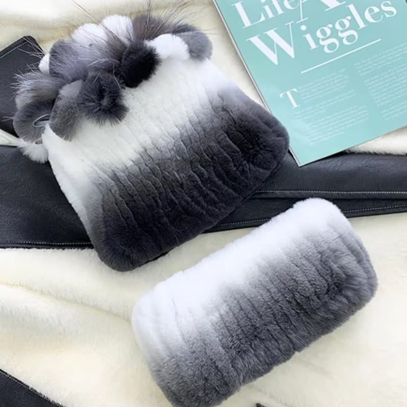 Bonnet Echarpe Fourrure Femme Gris Anthracite et Noir Satiné 