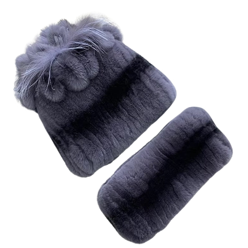 Bonnet Echarpe Fourrure Femme Gris Clair et Gris Foncé 