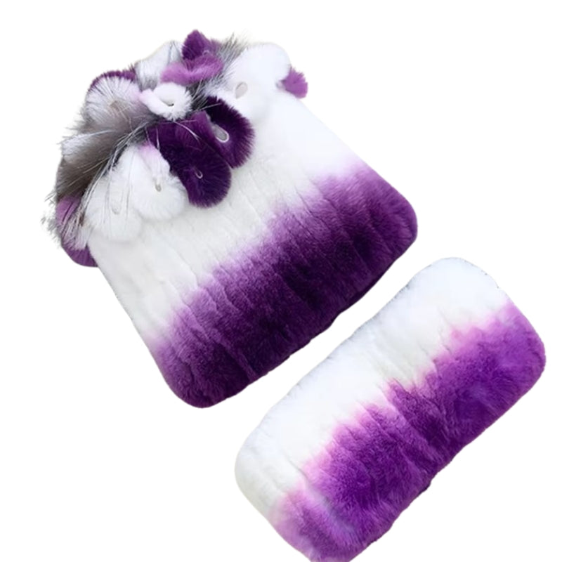 Bonnet Echarpe Fourrure Femme Violet Clair et Blanc 