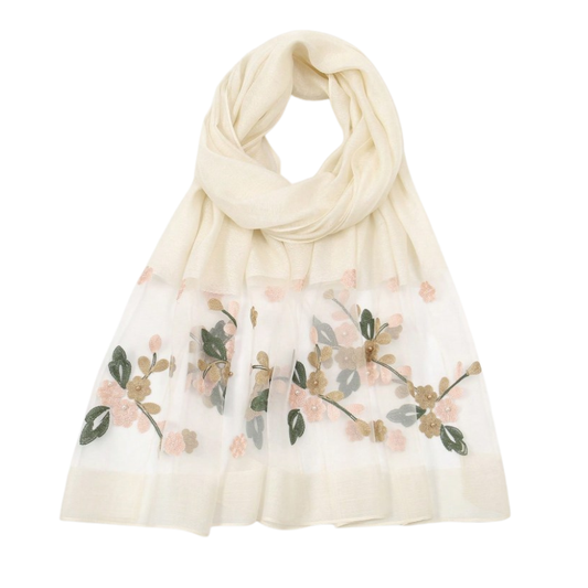 Foulard Brodé Fleurs - Blanc - 180*70cm