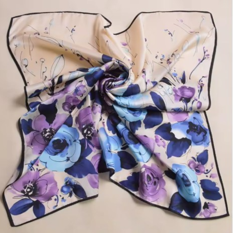 Grand Carré De Soie Foulard - Violet et Bleu Nuit - 90*90cm