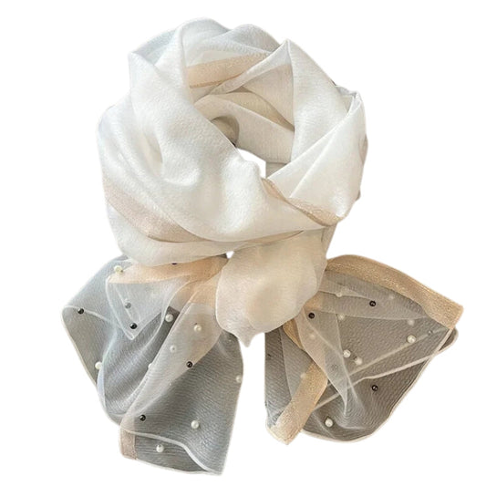 Foulard avec Perles Blanc et Beige 75*190cm