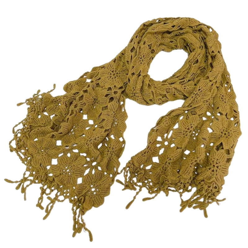 Echarpe Dentelle Crochet Jaune Moutarde 40x190cm