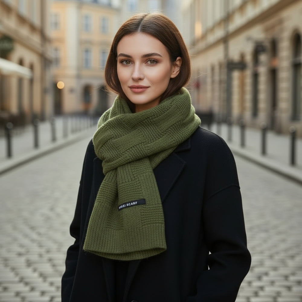 Echarpe Femme Maille Côtelée portée autour du cou - Vert